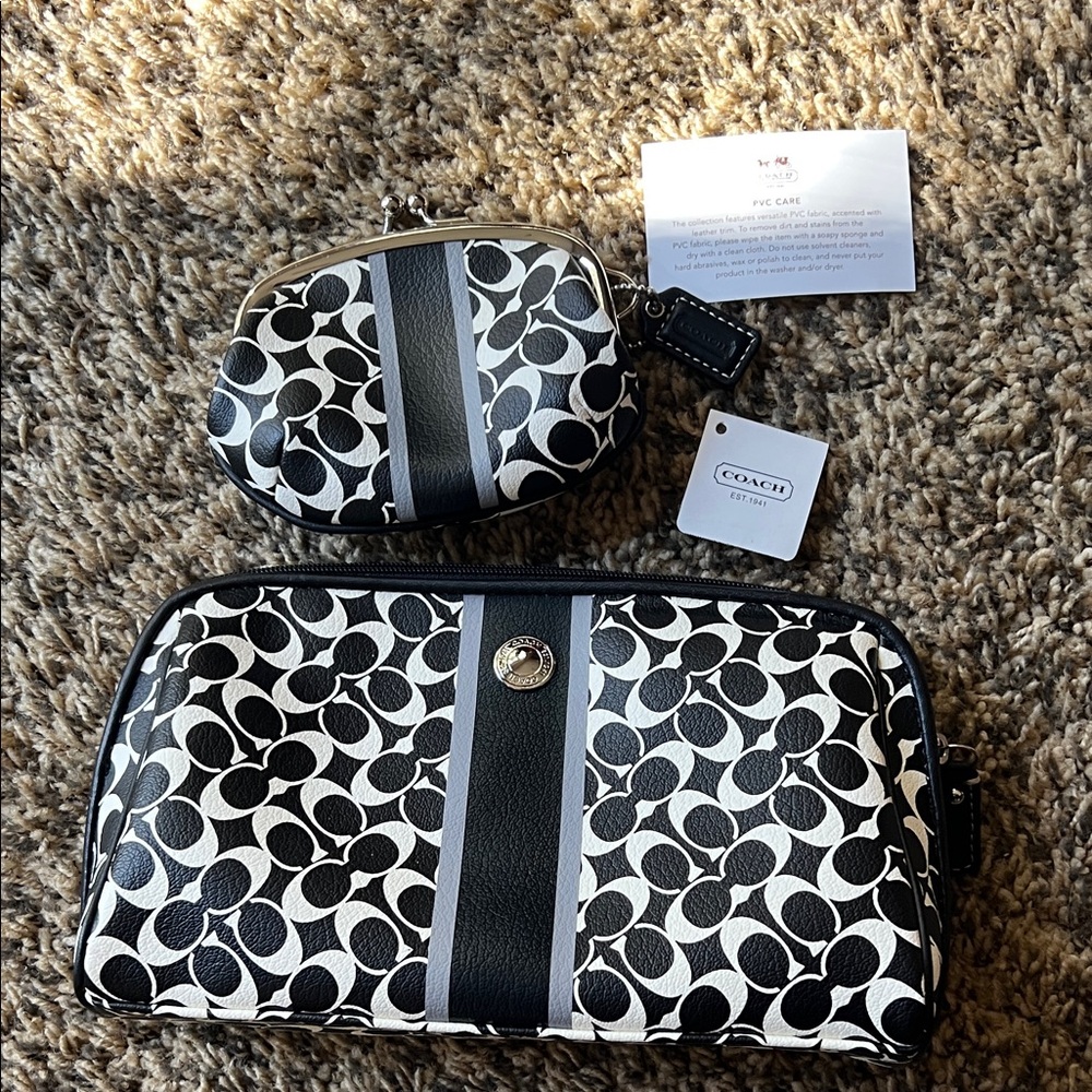 Coach Black and White Patterned cosmetic bag and coin purse Set - Picture 2 of 5